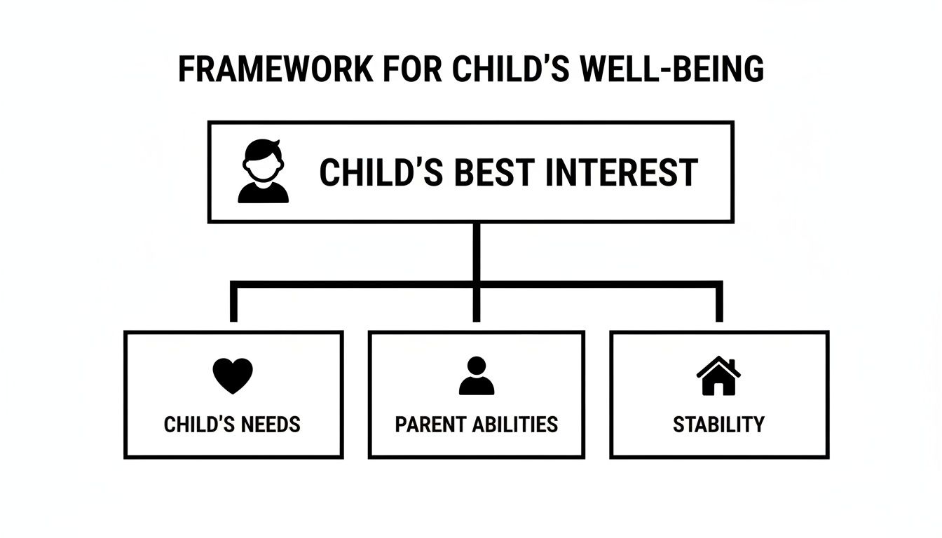 A diagram illustrating the framework for child's well-being, prioritizing the child's best interest with core components.