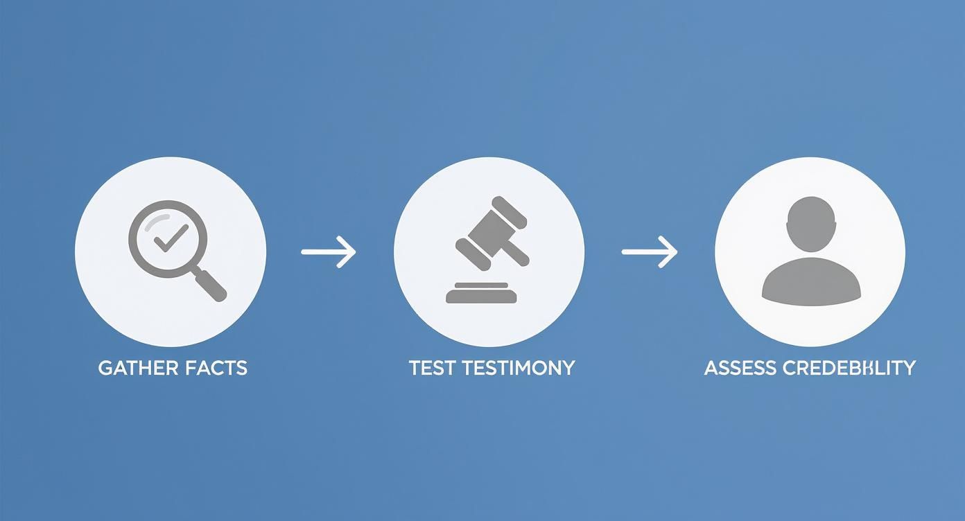 A three-step process diagram with icons: Gather Facts (magnifying glass), Test Testimony (gavel), Assess Credibility (person).