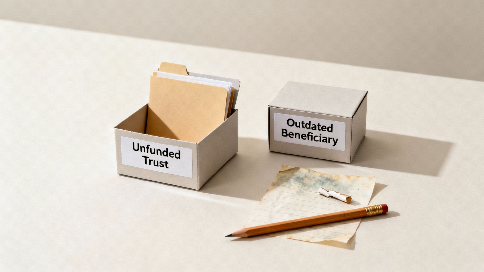 Boxes labeled "Unfunded Trust" and "Outdated Beneficiary" on a table with a pencil and old paper, illustrating common estate planning mistakes to avoid in Texas probate.