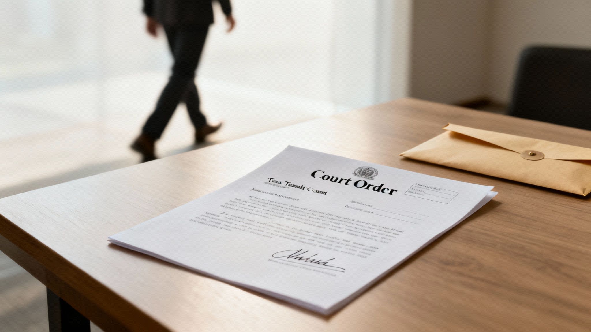 A 'Court Order' document and a brown envelope on a wooden desk, with a person walking in the background.