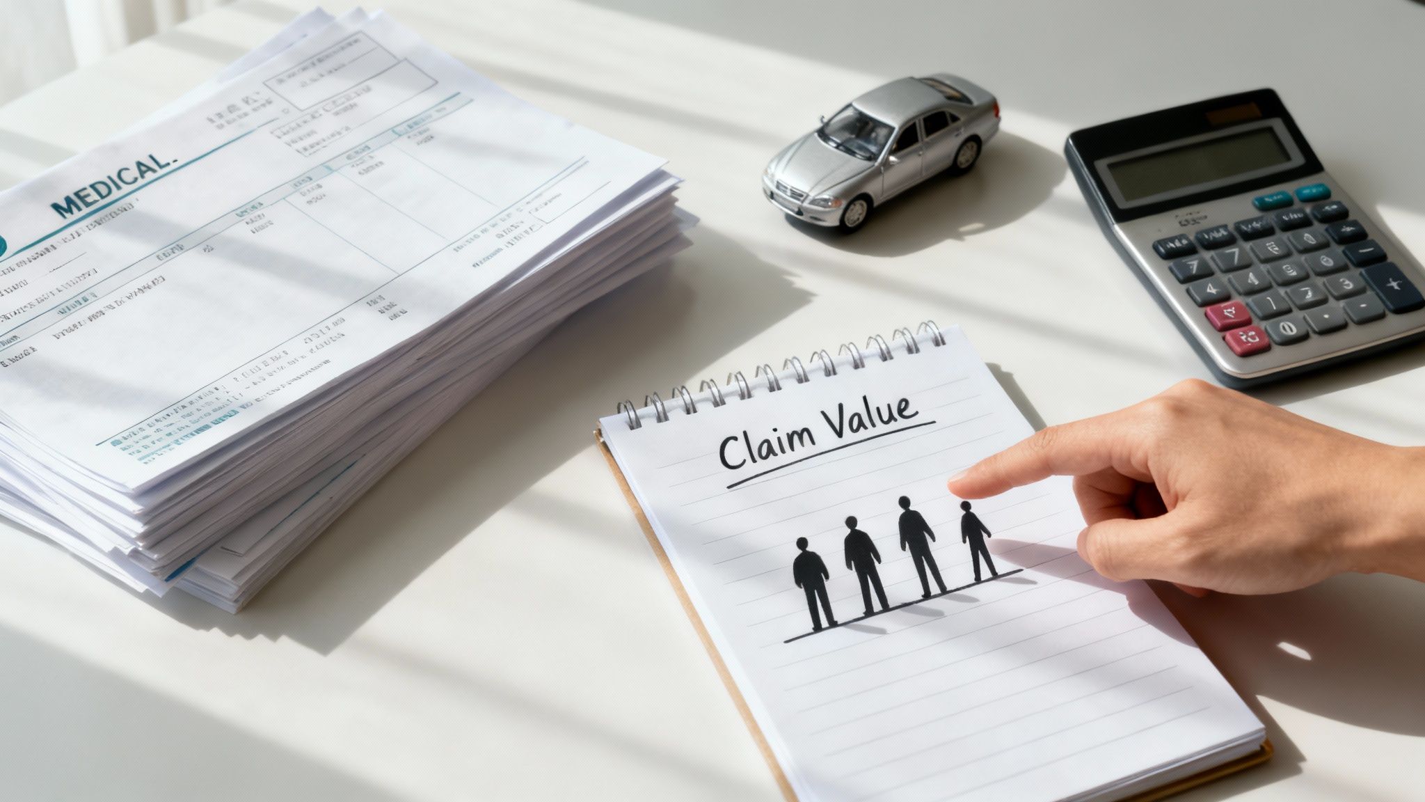 An insurance claims form and a pen lie on a desk next to car keys and glasses.