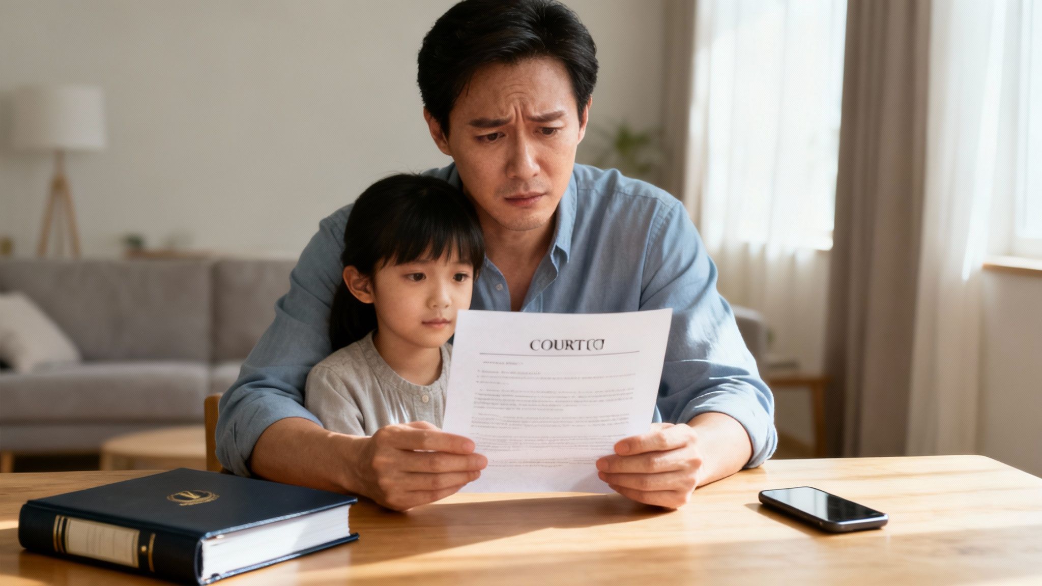 Anxious father and daughter read court documents together, indicating family legal challenges.