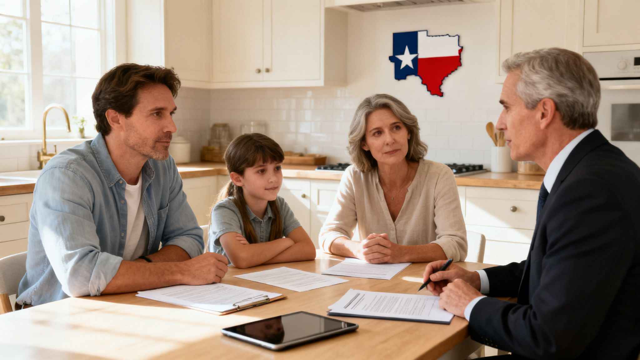 A family, including a man, woman, and child, sits at a table with a lawyer discussing legal documents in a kitchen.