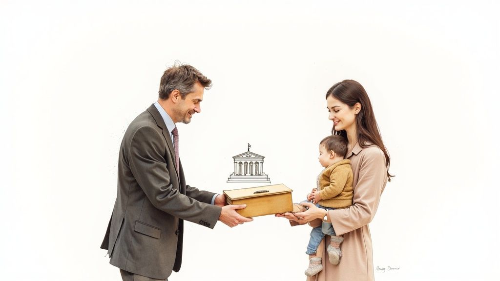 A man in a suit gives a wooden box to a smiling woman holding a baby, with a building sketch.