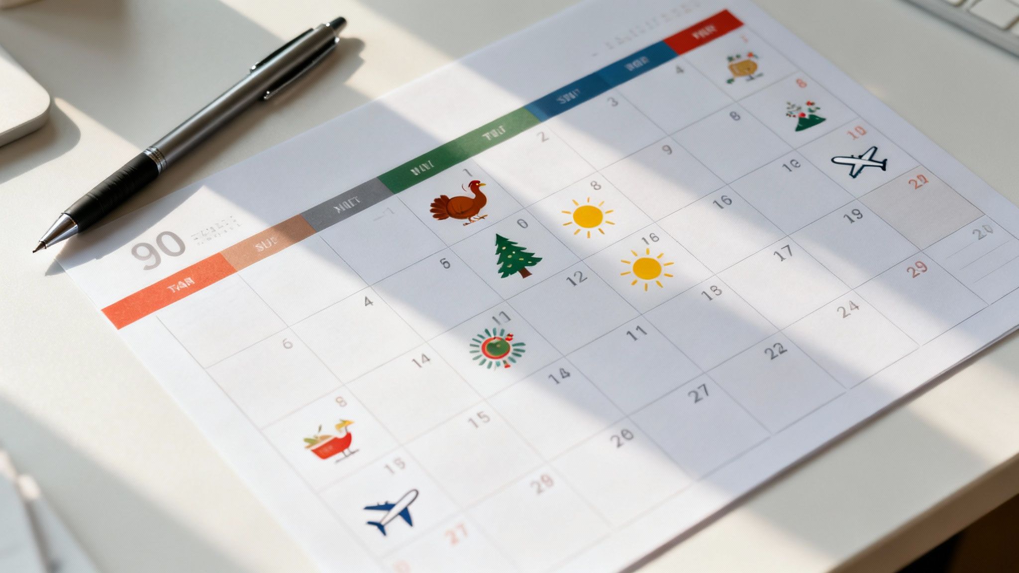 A close-up of a desk calendar with holiday stickers and a pen, planning events.