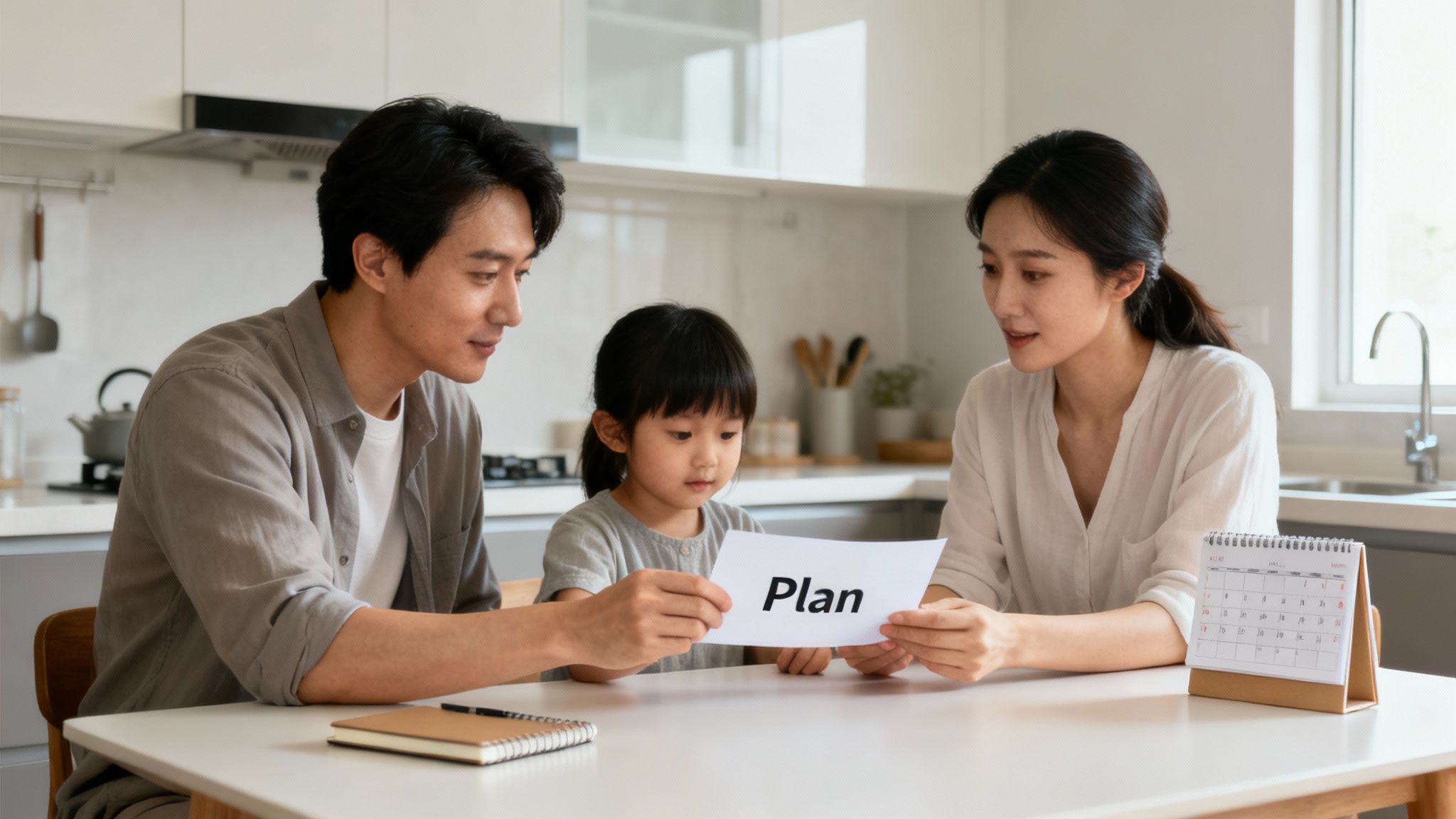 A happy Asian family, including a father, mother, and child, discusses a document labeled 'Plan'.