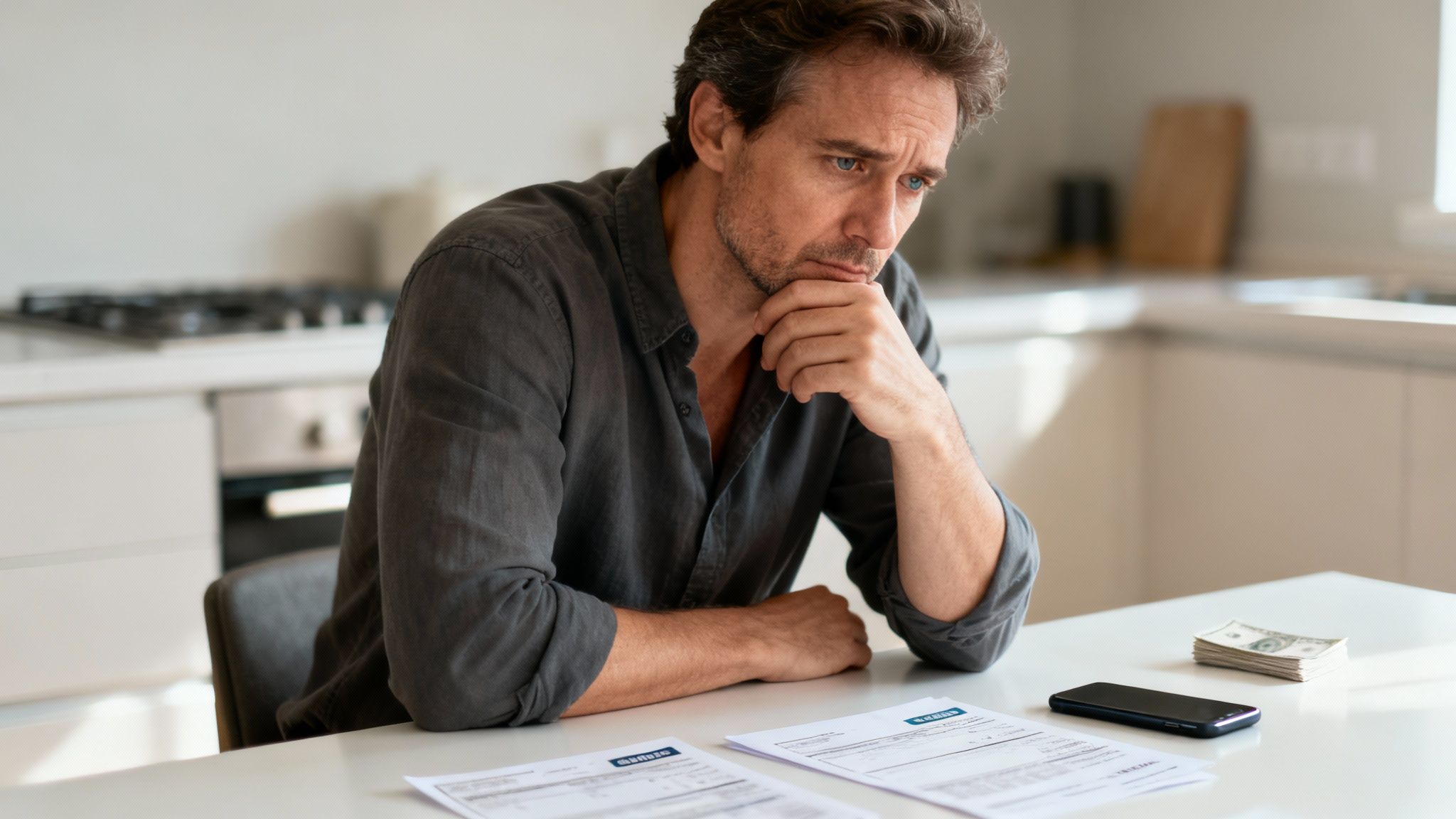 A person looking thoughtfully at a laptop screen, representing the process of uncovering financial information during a divorce.