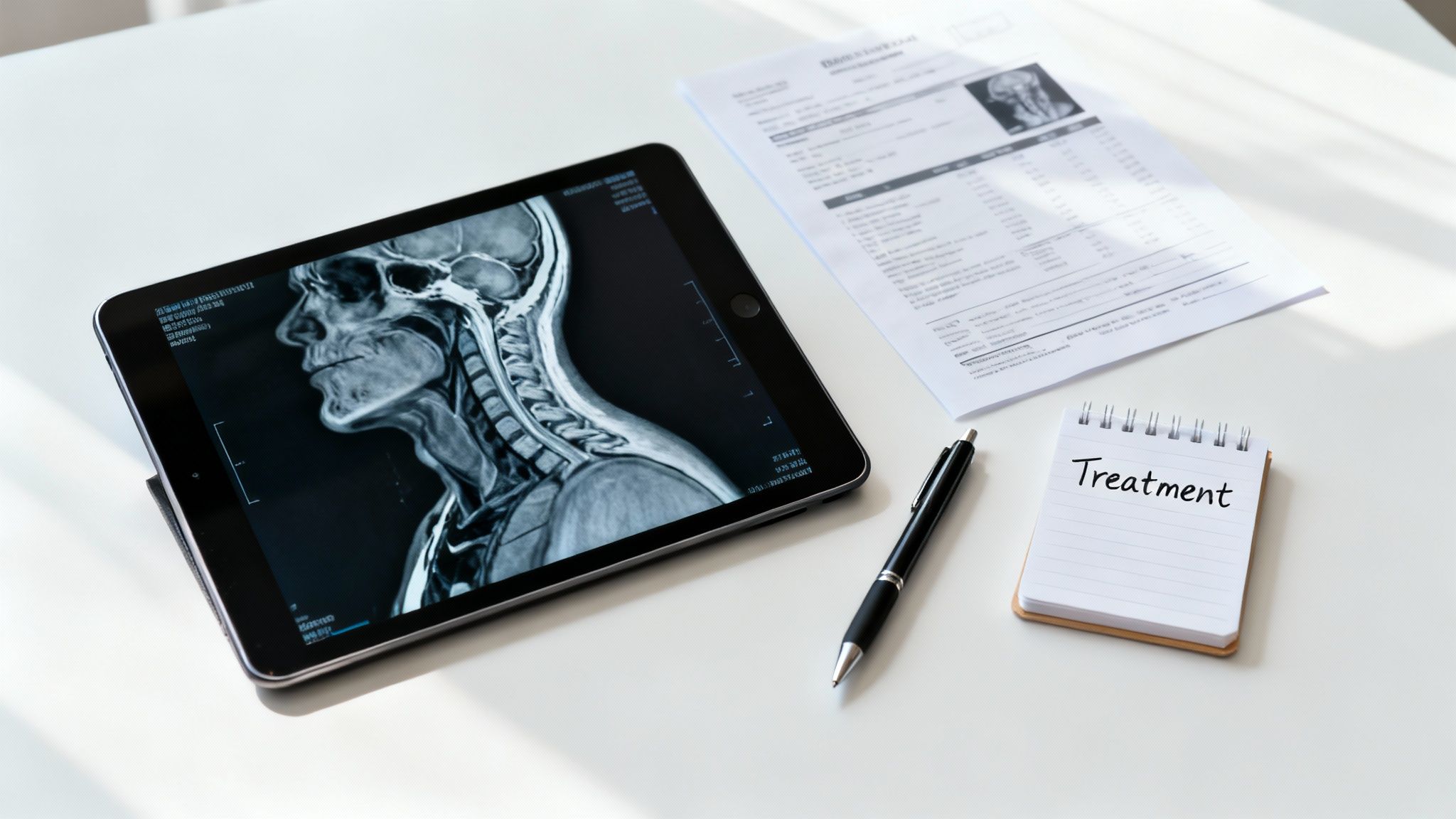 A doctor reviewing X-ray scans of a patient's neck and spine.
