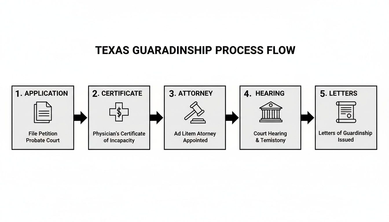 Flowchart detailing the five-step Texas guardianship process, from application to letters issued.