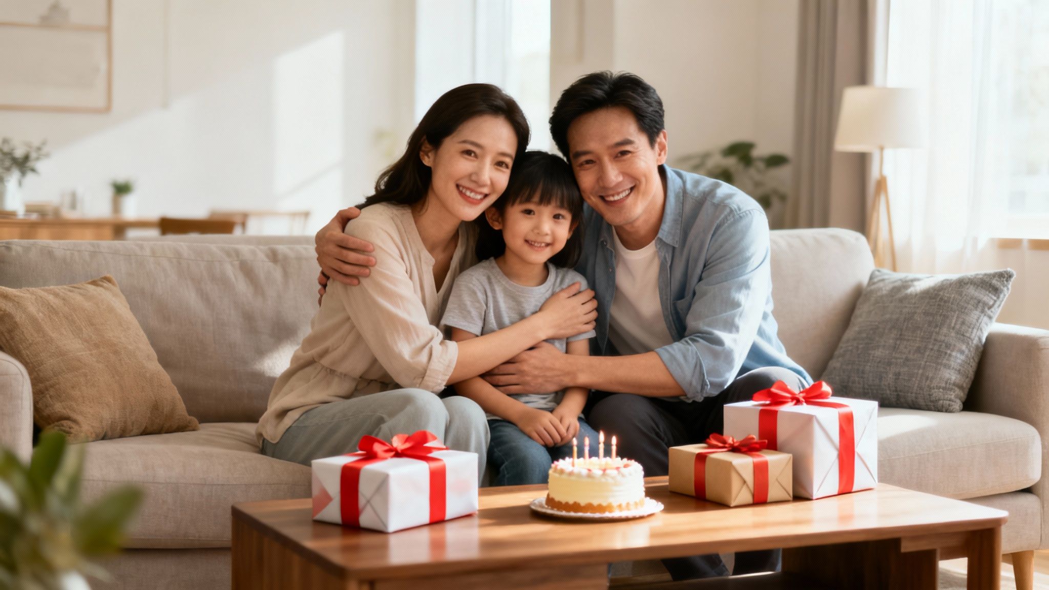 A happy family of three playing in a sunlit park