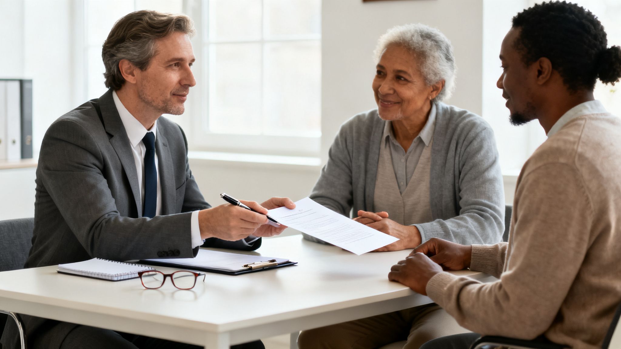 A legal professional presents documents to an older woman and a younger man during a meeting.
