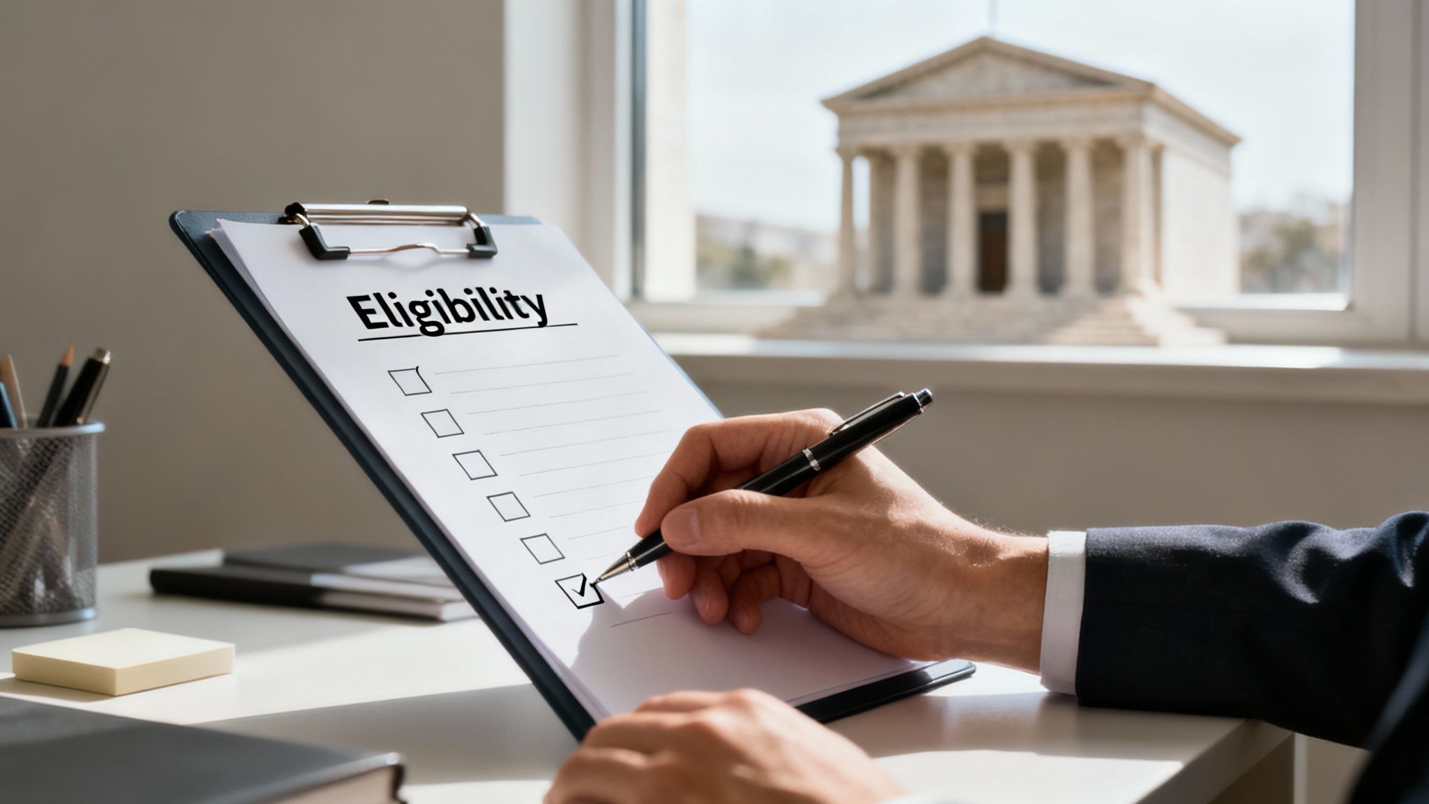 A person in a suit checks off a box on an 'Eligibility' form with a pen, with a courthouse visible in the background.