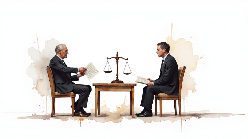 Two men in formal attire sitting at a table, discussing legal documents with a scale of justice between them, symbolizing the complexities of divorce law in Texas.