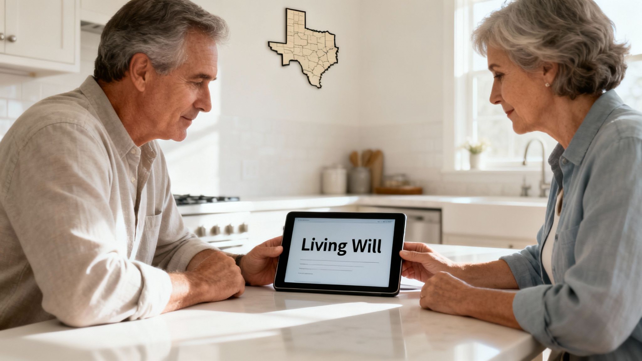 Couple discussing a living will on a tablet in a kitchen, emphasizing estate planning and healthcare wishes in Texas.