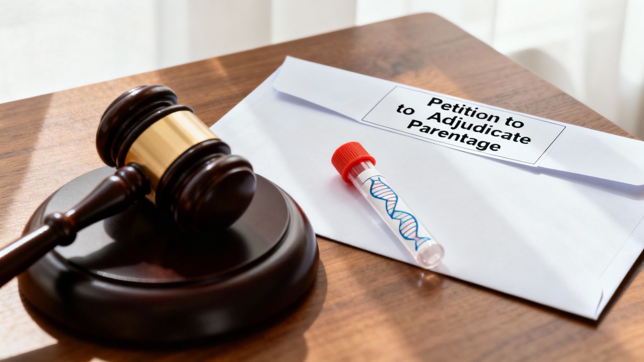 A judge's gavel, a petition to adjudicate parentage, and a DNA test tube on a wooden table.