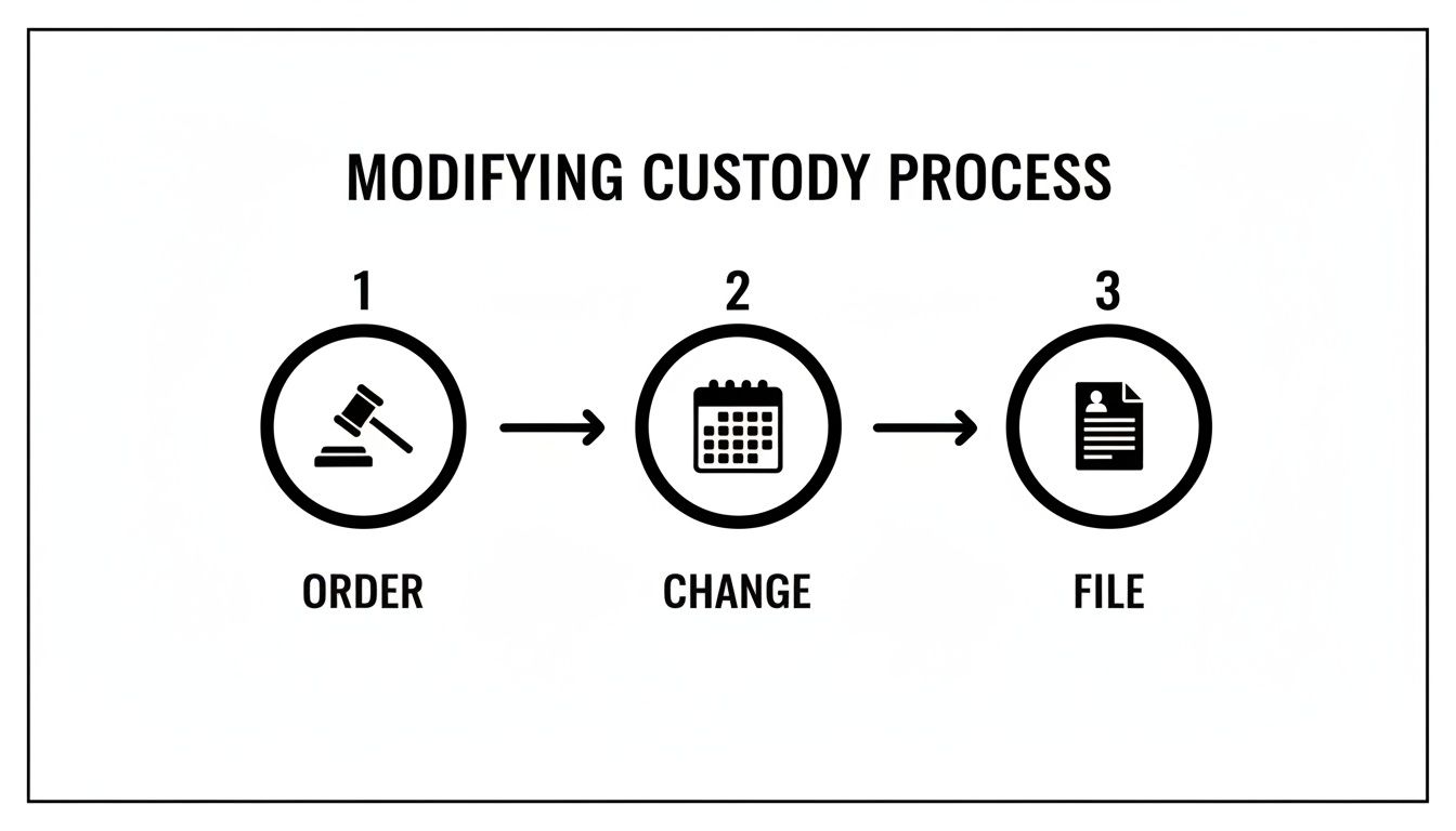 Flowchart showing the three steps to modify a custody agreement: Order, Change, and File.