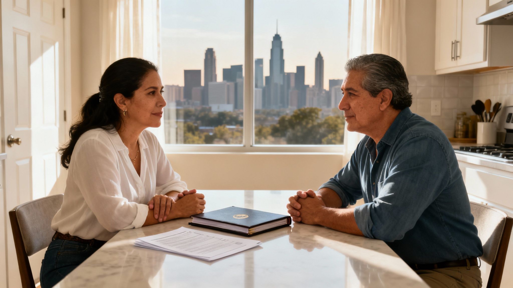 Couple sitting on a couch looking stressed while reviewing documents.