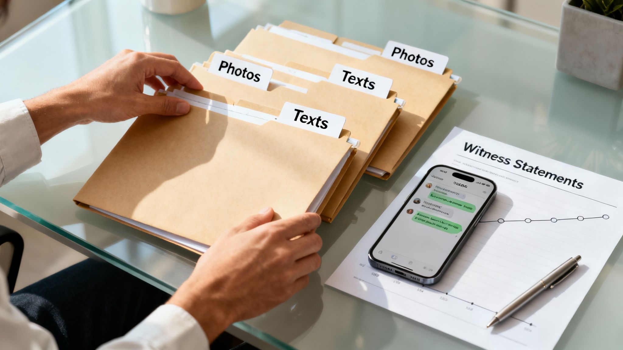 Person organizing file folders labeled 'Photos' and 'Texts' next to a smartphone and 'Witness Statements' document.