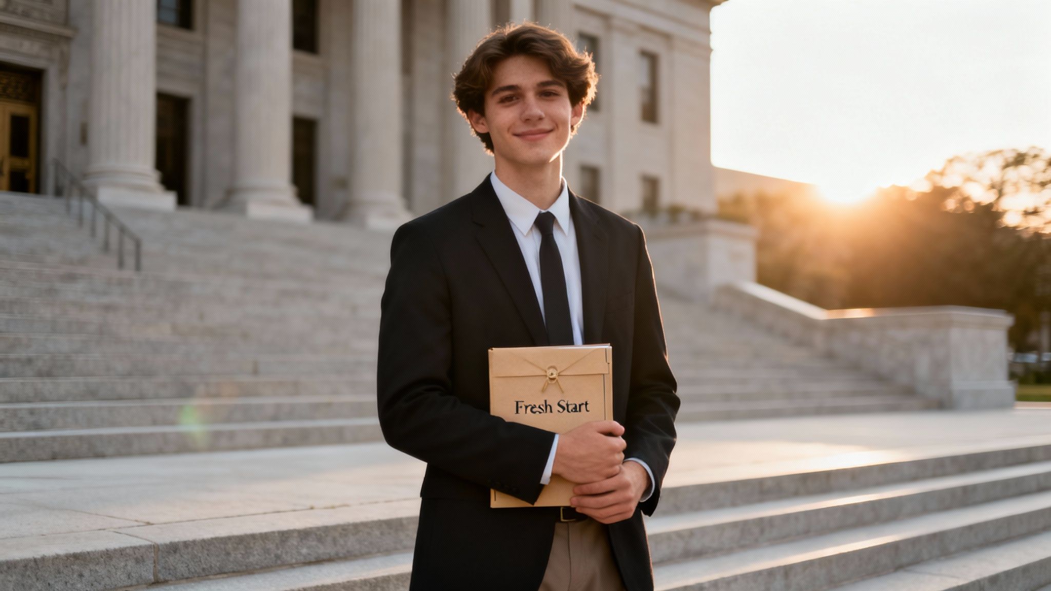 Young man in a suit holding a folder labeled "Fresh Start" outside a courthouse, symbolizing the expungement of DWI records in Texas.