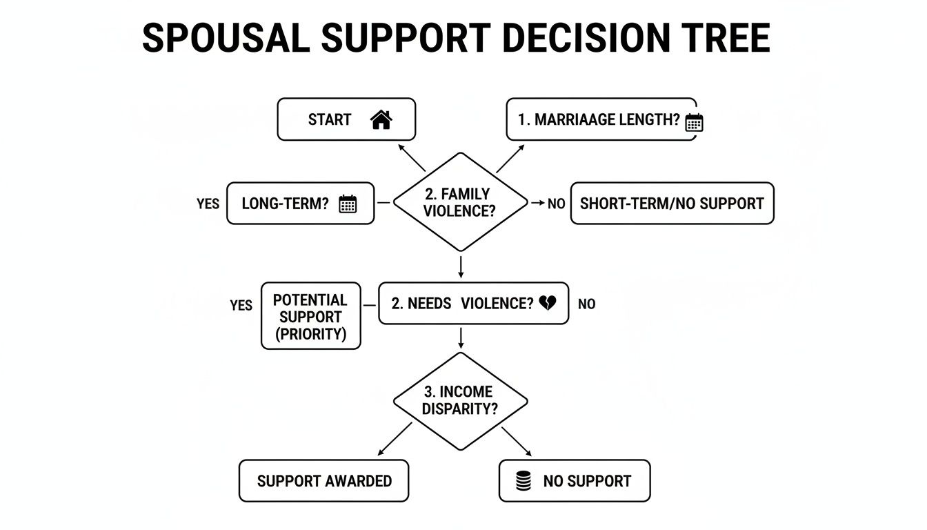 A spousal support decision tree flowchart details steps based on marriage length, family violence, and income disparity.