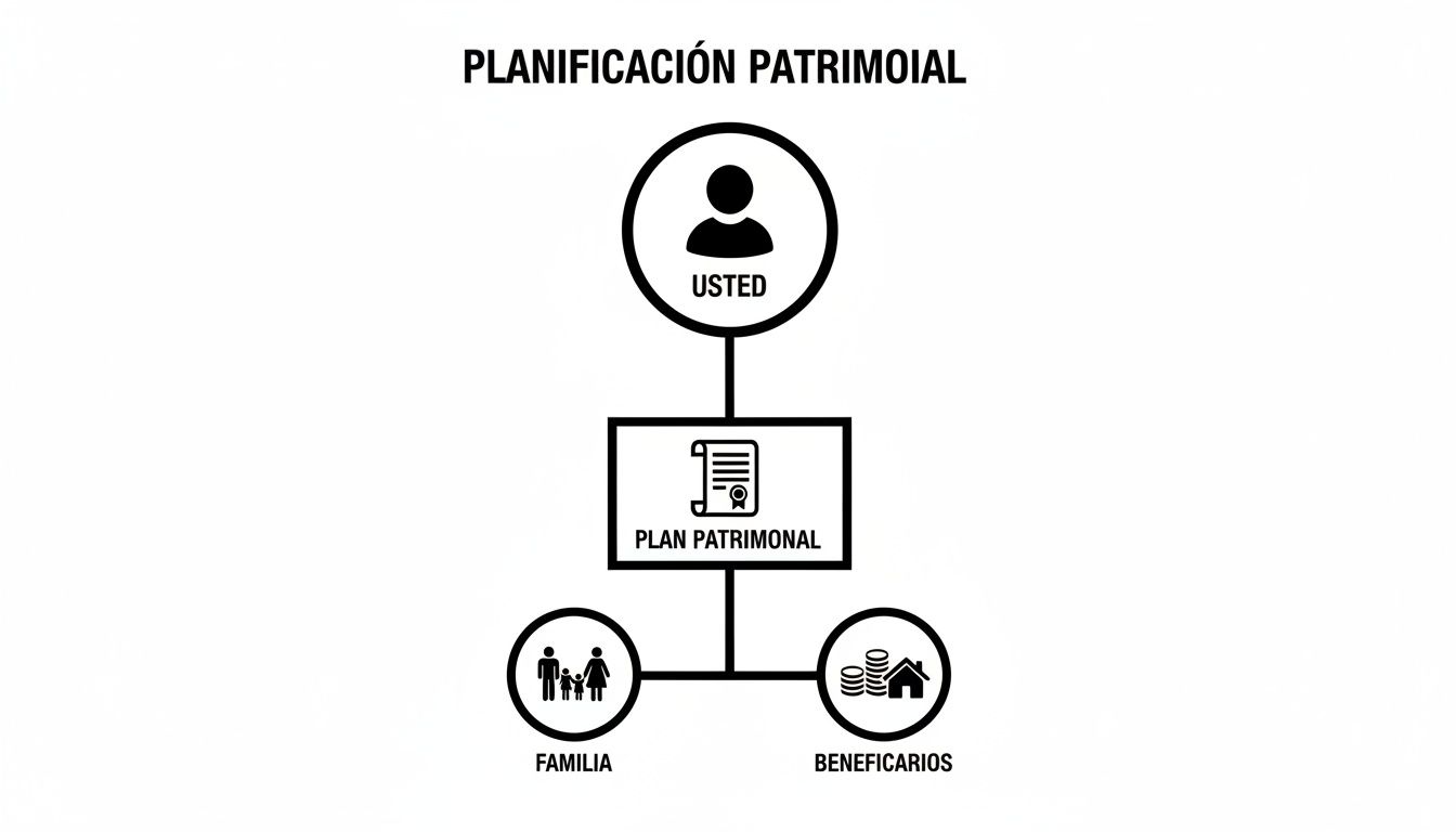 Diagrama de planificación patrimonial que conecta al individuo, su plan, familia y beneficiarios.