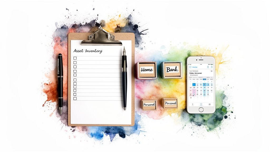 Asset inventory checklist on clipboard with pens and labeled blocks for home, bank, and personal assets, alongside a smartphone displaying a calendar, symbolizing estate planning and asset organization.