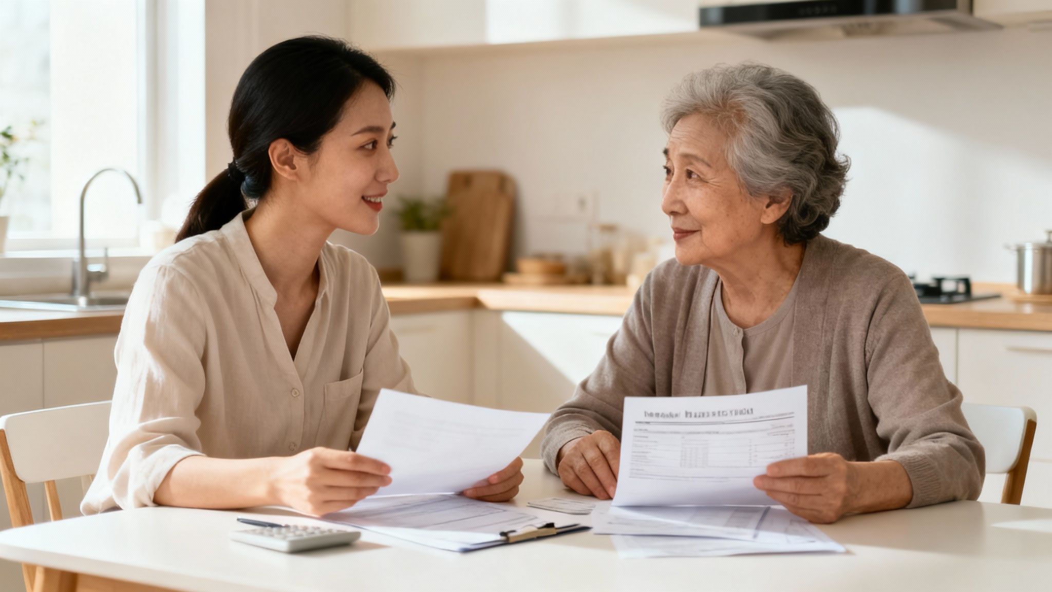 Two Asian women, one young and one senior, review documents and discuss finances in a bright kitchen.