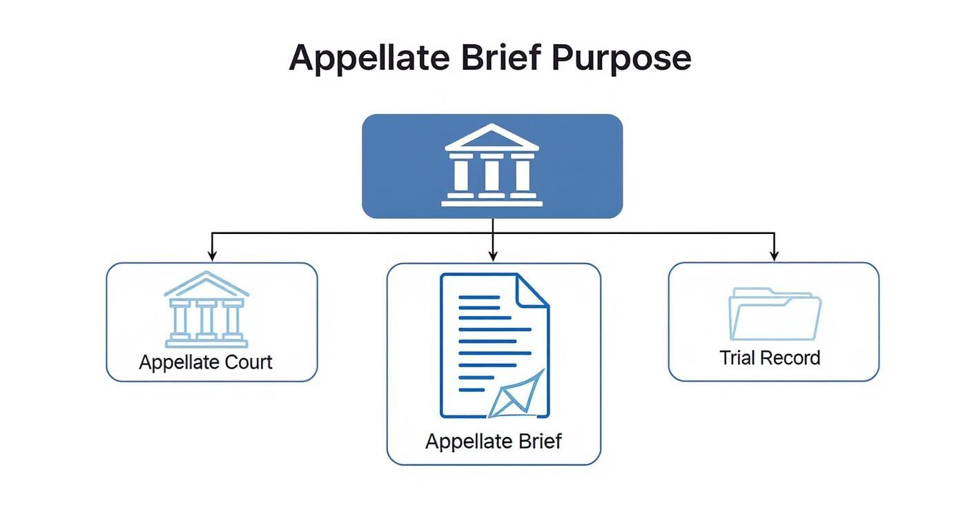 Diagram showing appellate brief purpose connecting appellate court, brief document, and trial record