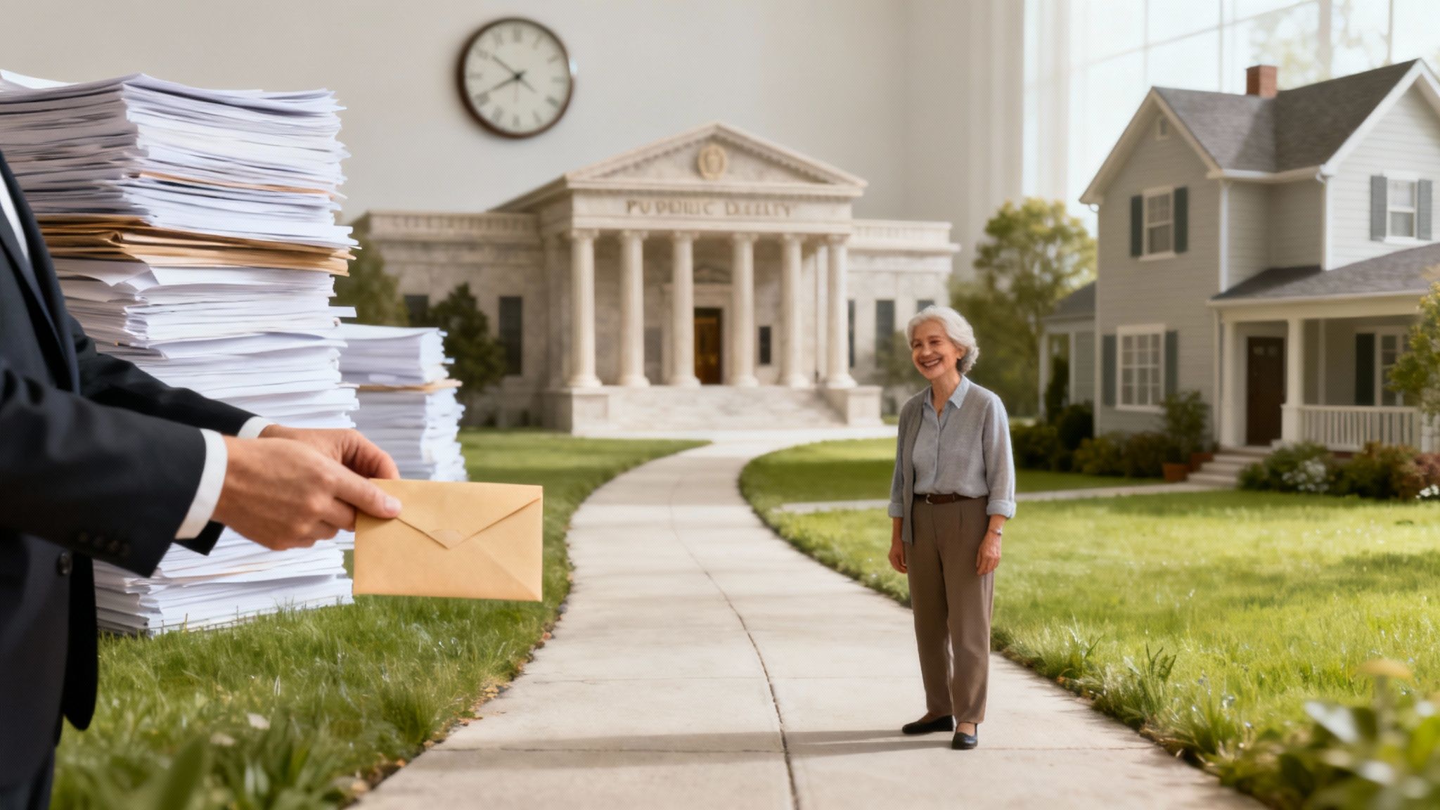 A man in a suit hands an envelope to a smiling elderly woman in a miniature scene with a utility building and house.