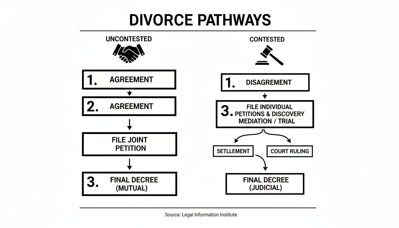 Divorce pathways flowchart illustrating uncontested divorce with agreement steps leading to a mutual final decree, and contested divorce with disagreement, individual petitions, mediation, and judicial final decree, relevant to divorce processes in Texas.