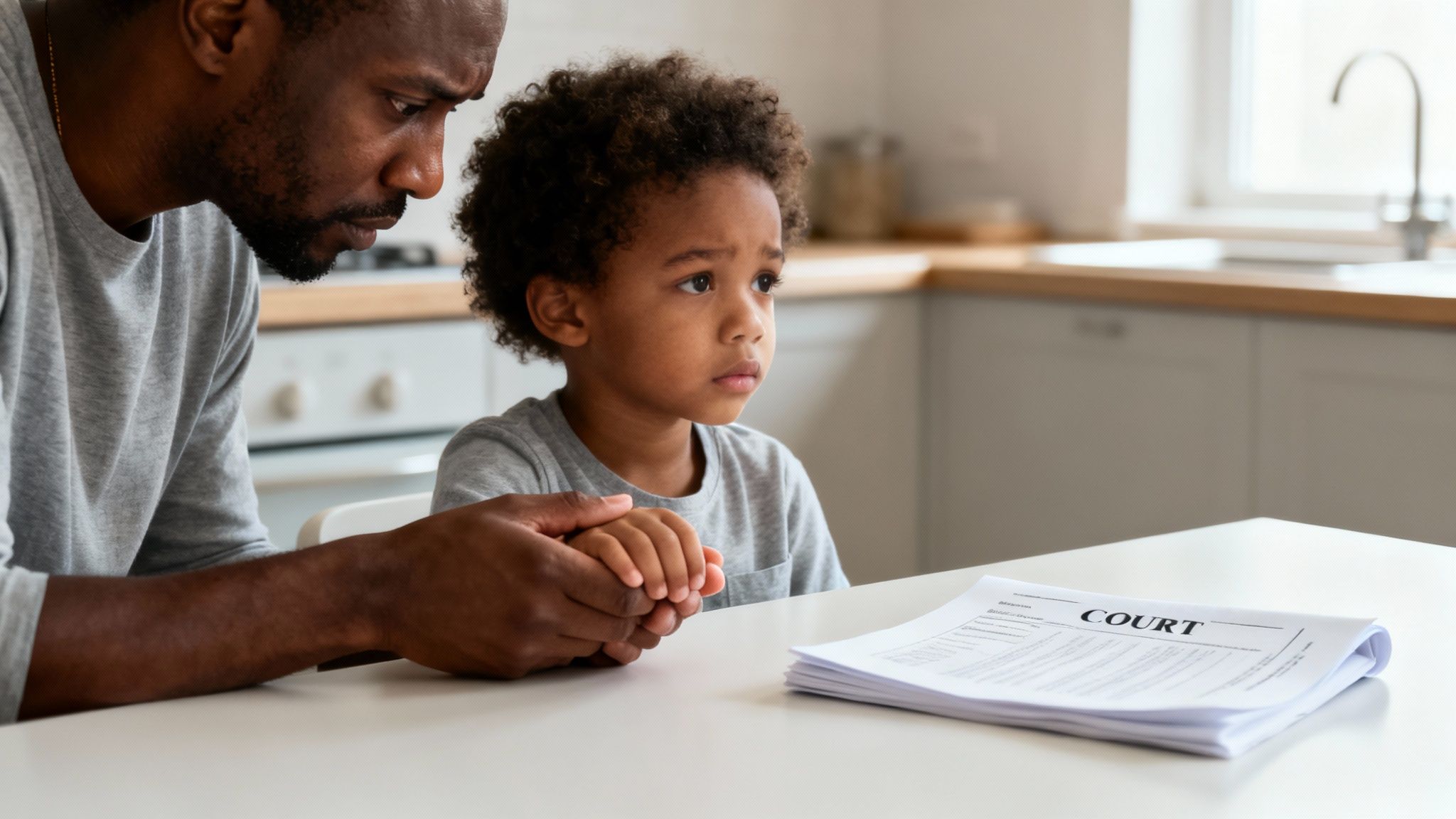 A worried Black man holds the hand of a sad Black boy, with court papers on the table.