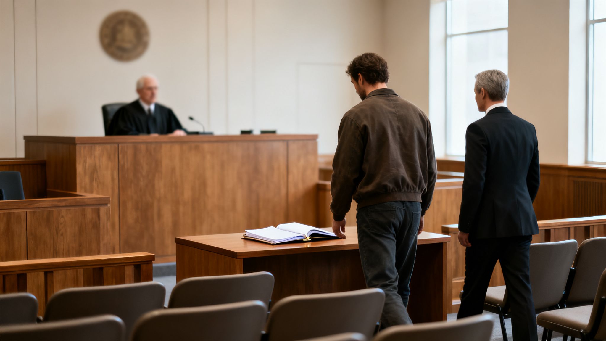 A judge sits behind a bench in a courtroom, as two men walk towards the front.