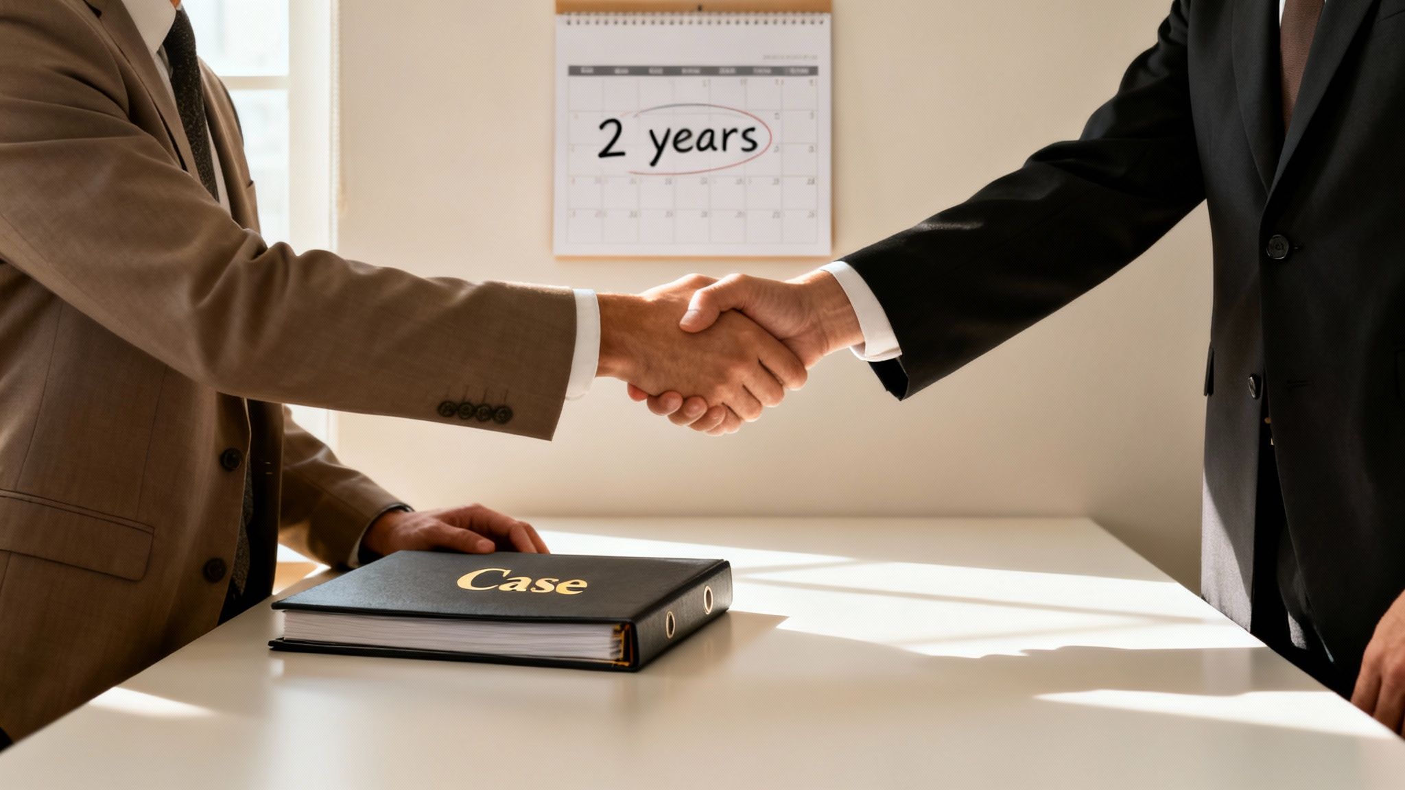 Two business people in suits shake hands over a table with a 'Case' binder and a '2 years' calendar.