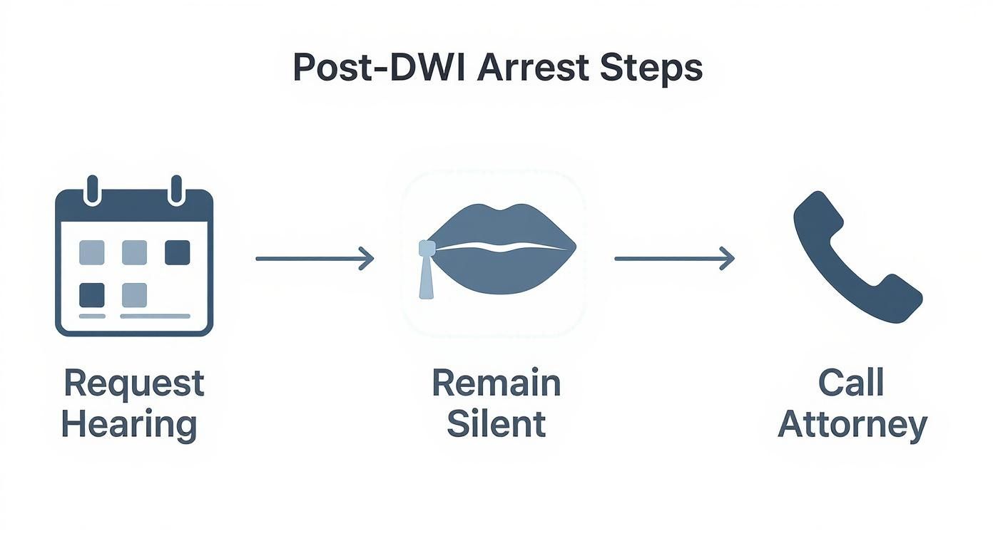 Post-DWI arrest infographic illustrating critical steps: request hearing, remain silent, and call attorney, emphasizing urgent actions for defense strategy.