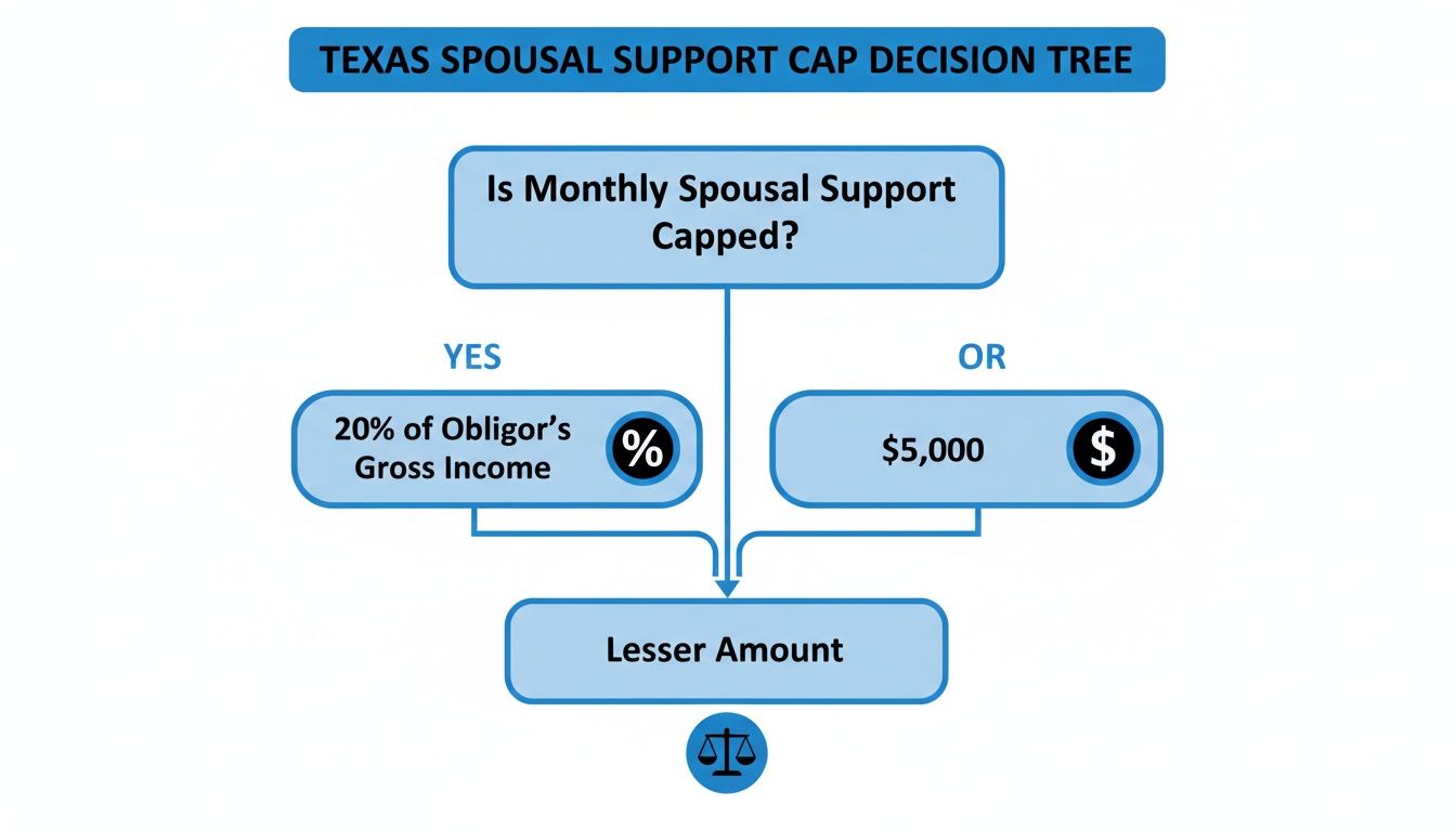 Decision tree illustrating Texas spousal support cap, comparing 20% of income or $5,000.