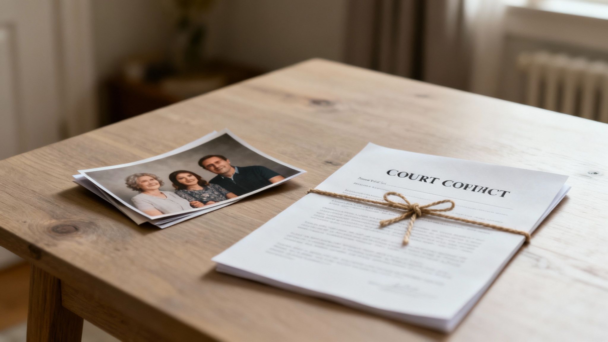 Fotos familiares y documentos de conflicto judicial atados en una mesa de madera, simbolizando un proceso legal.