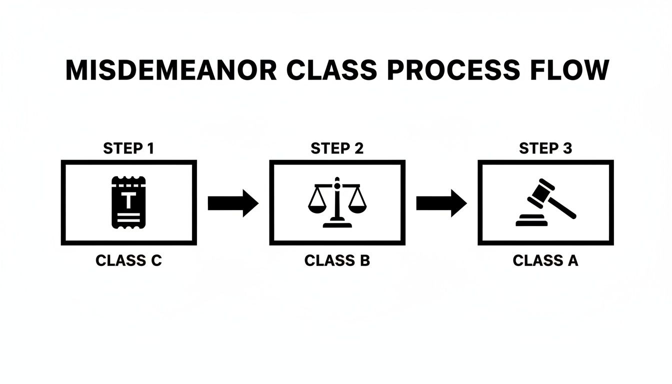 Process flow diagram showing misdemeanor classes: Class C (ticket), Class B (justice scales), and Class A (gavel).