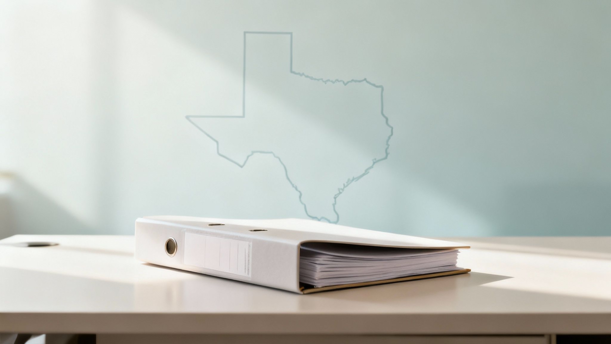 A white binder full of papers on a light desk, with a faint map of Texas on the wall.