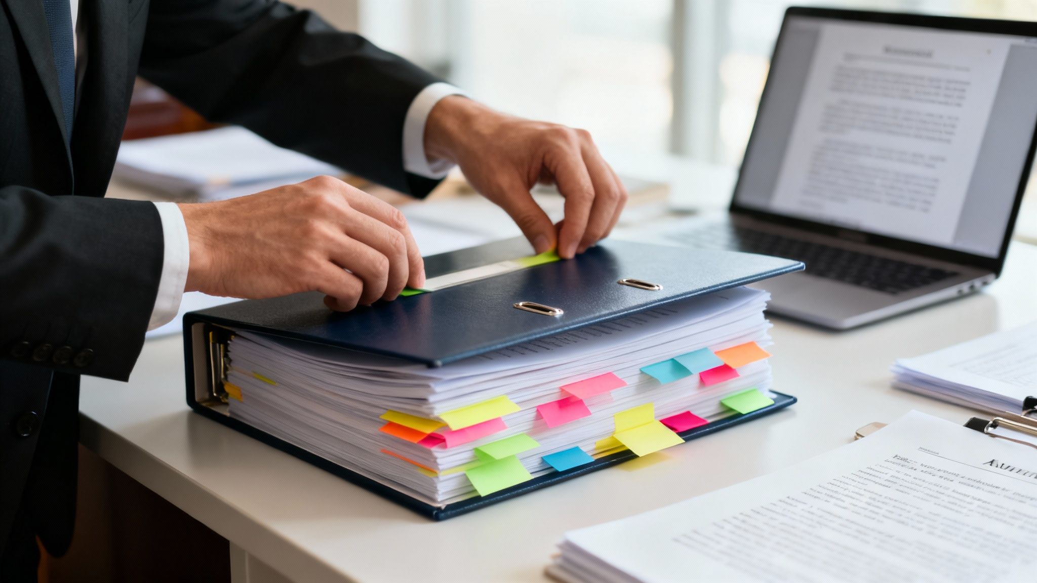 Professional in a suit meticulously organizing documents in a binder with numerous colorful index tabs.