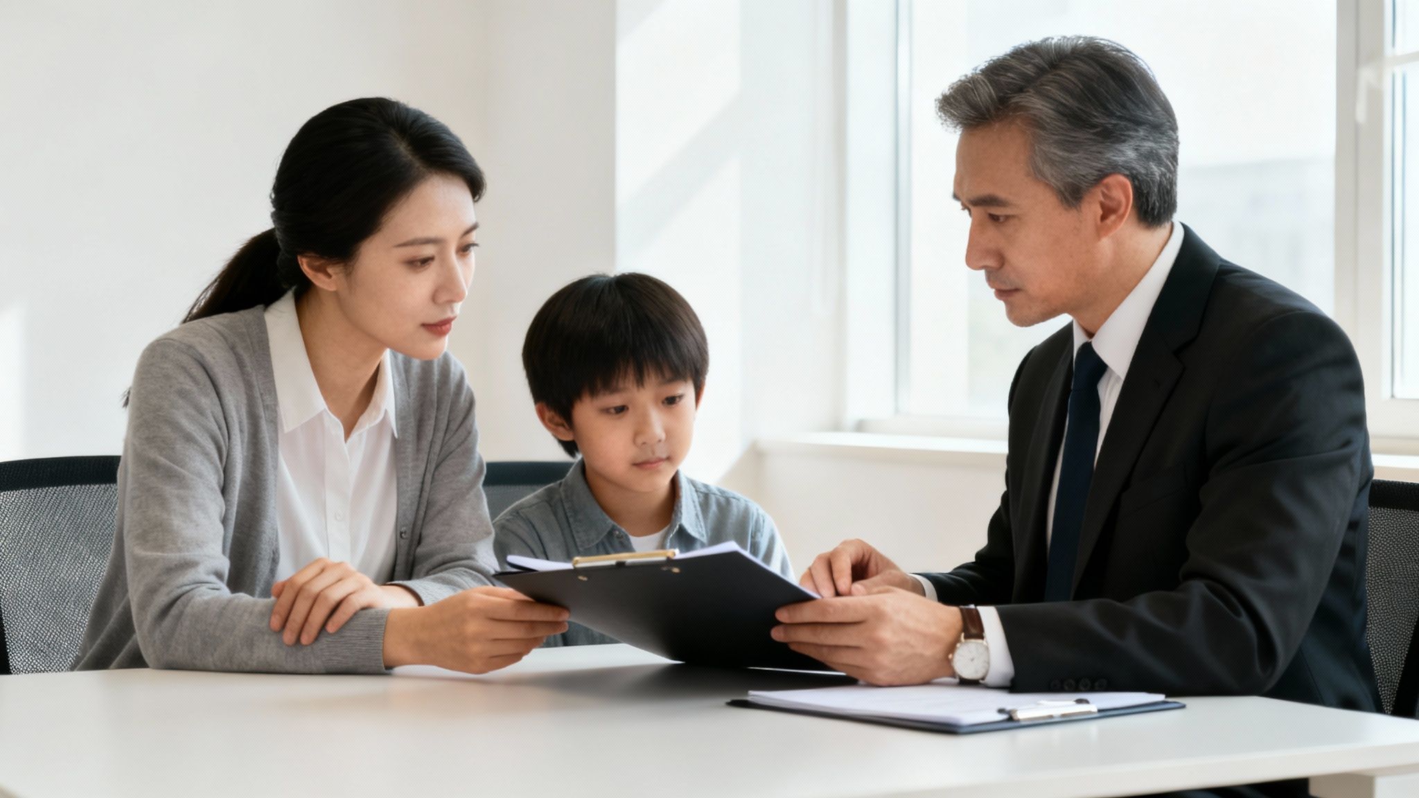Madre e hijo asiáticos consultan documentos legales o financieros con un profesional en una oficina.