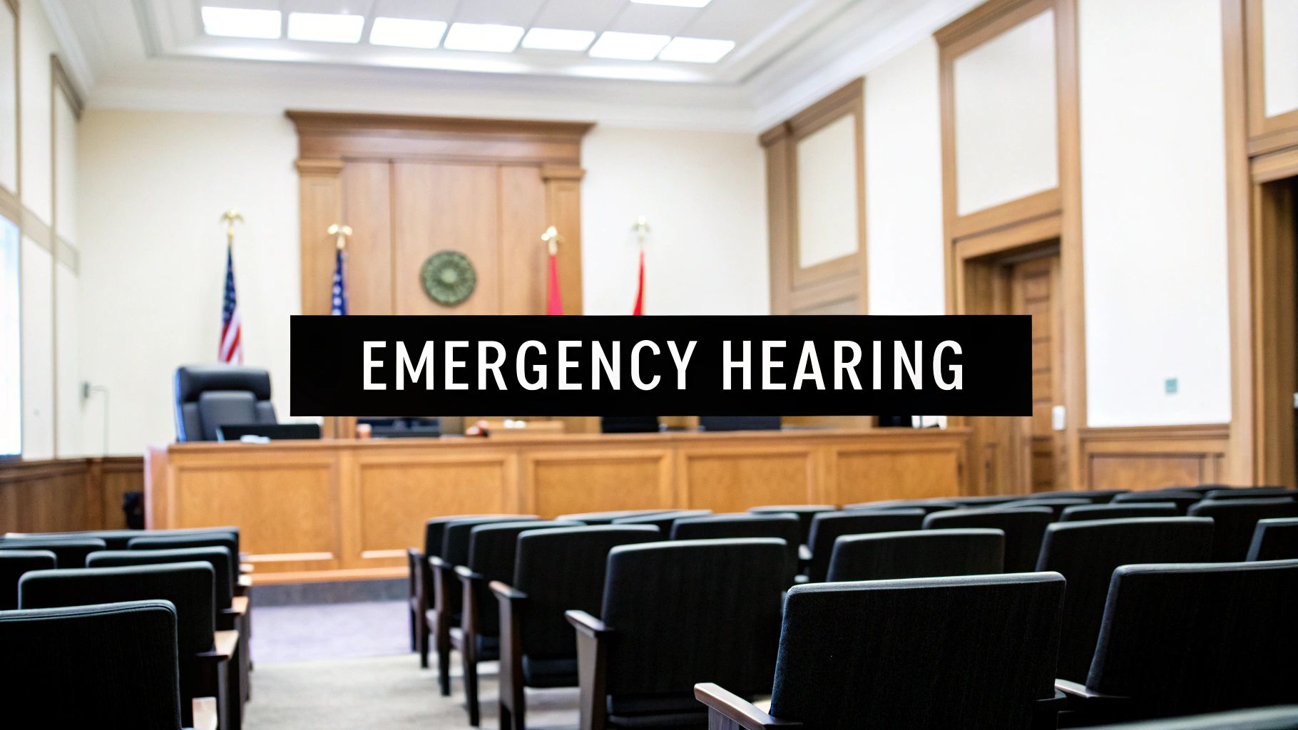 An empty courtroom with wooden benches and the text 'EMERGENCY HEARING' prominently displayed.