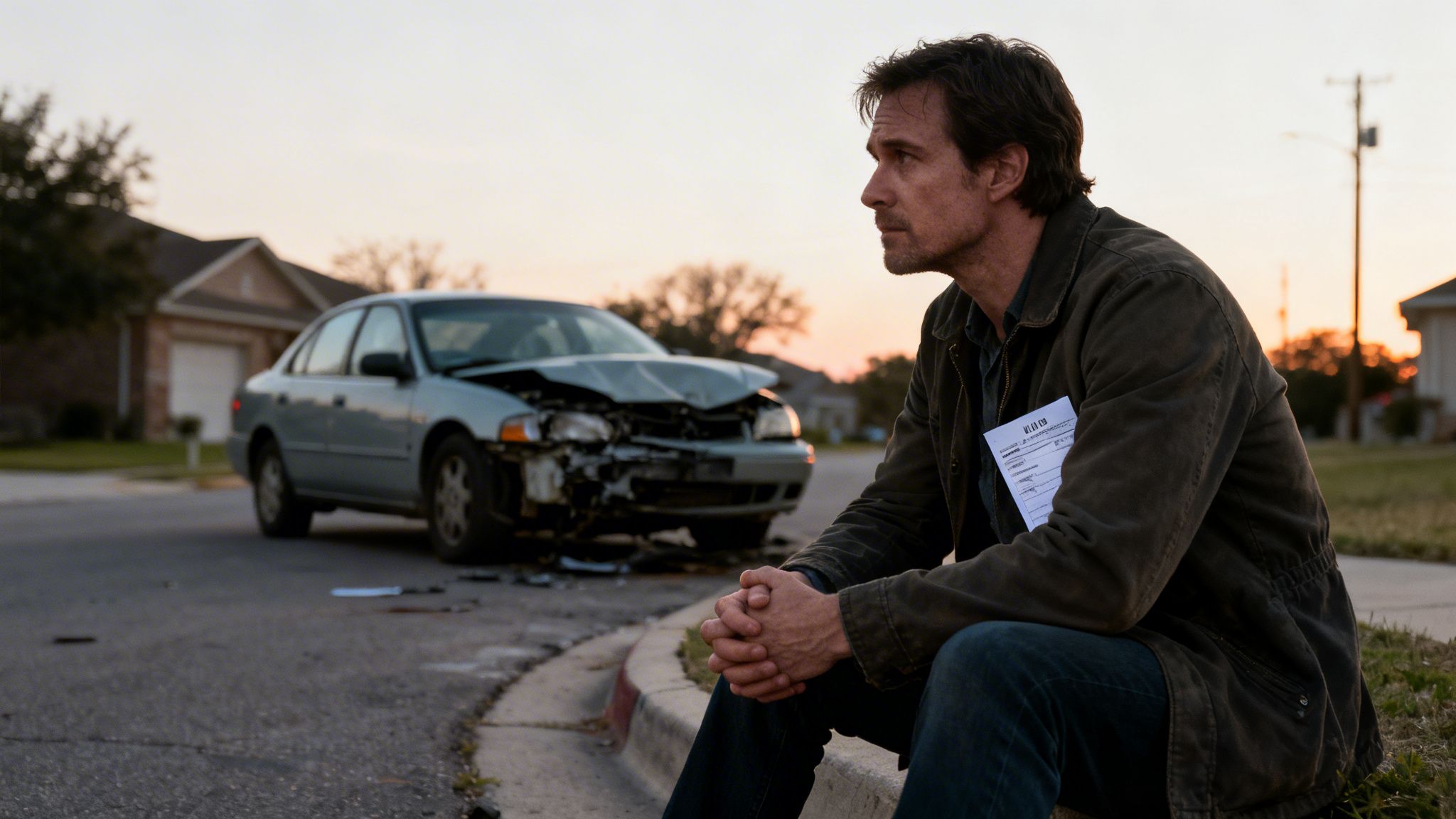 A distressed man sits on a curb near a wrecked car on a residential street at sunset.