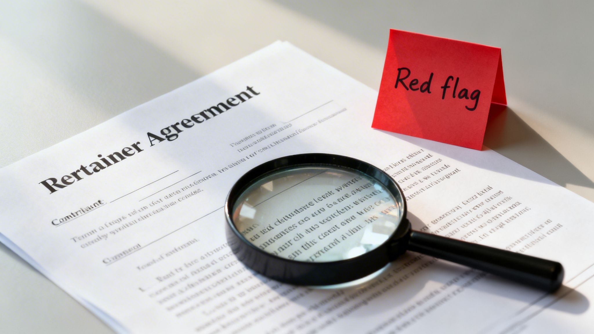 A retainer agreement document, magnifying glass, and a red 'Red flag' note, symbolizing careful review.
