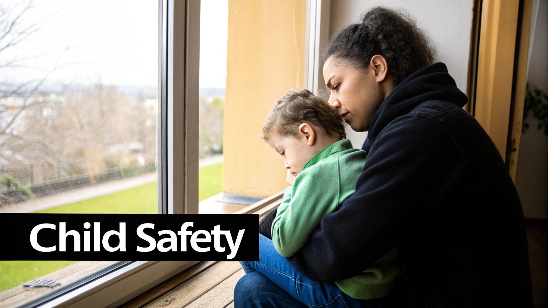 Mother and child looking out window together discussing child safety at home