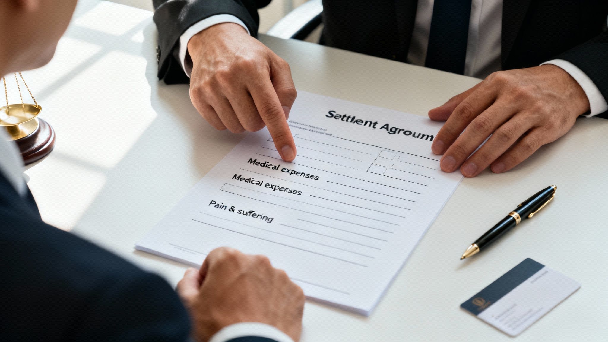 Two legal professionals review a settlement agreement document, discussing medical expenses and pain and suffering.
