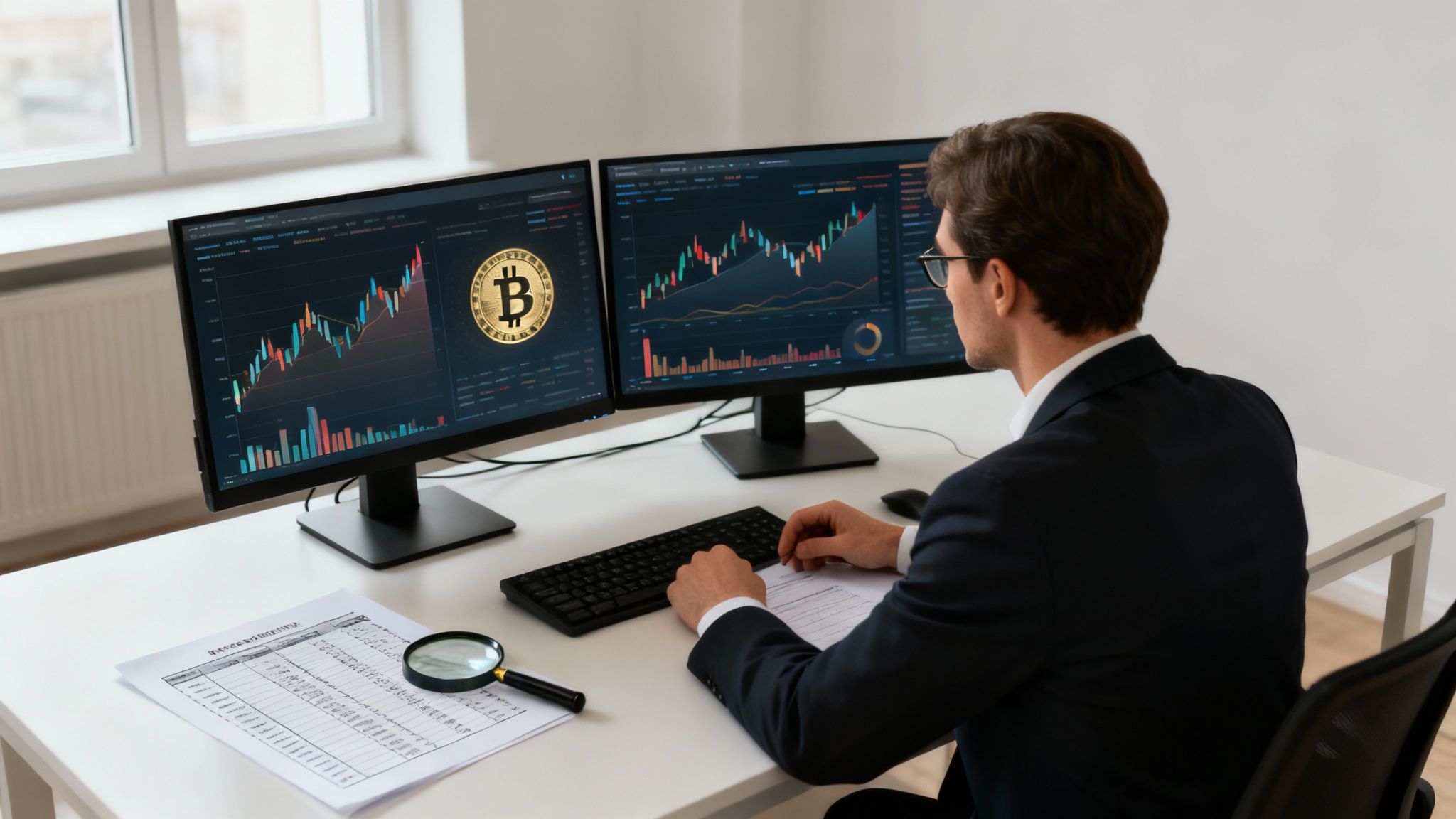 Man in business attire analyzing cryptocurrency market trends on dual monitors, with a focus on Bitcoin graphics and financial documents, highlighting asset discovery in divorce cases.