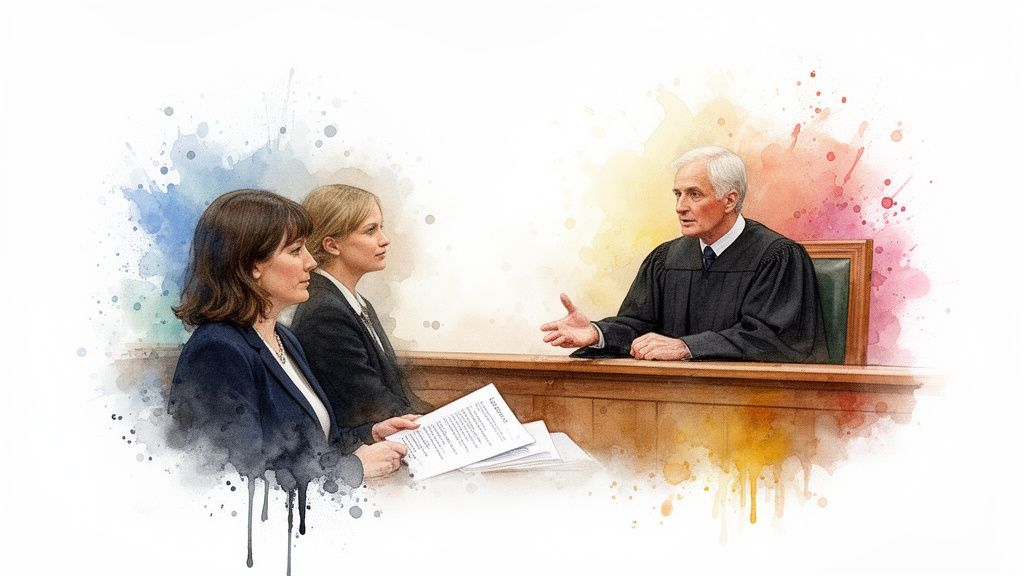 Judge in a robe discusses legal documents with two women lawyers in a watercolor style.