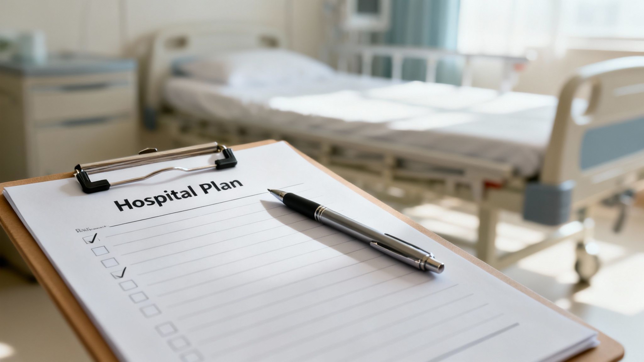 Close-up of a 'Hospital Plan' checklist and pen on a clipboard in a hospital room.