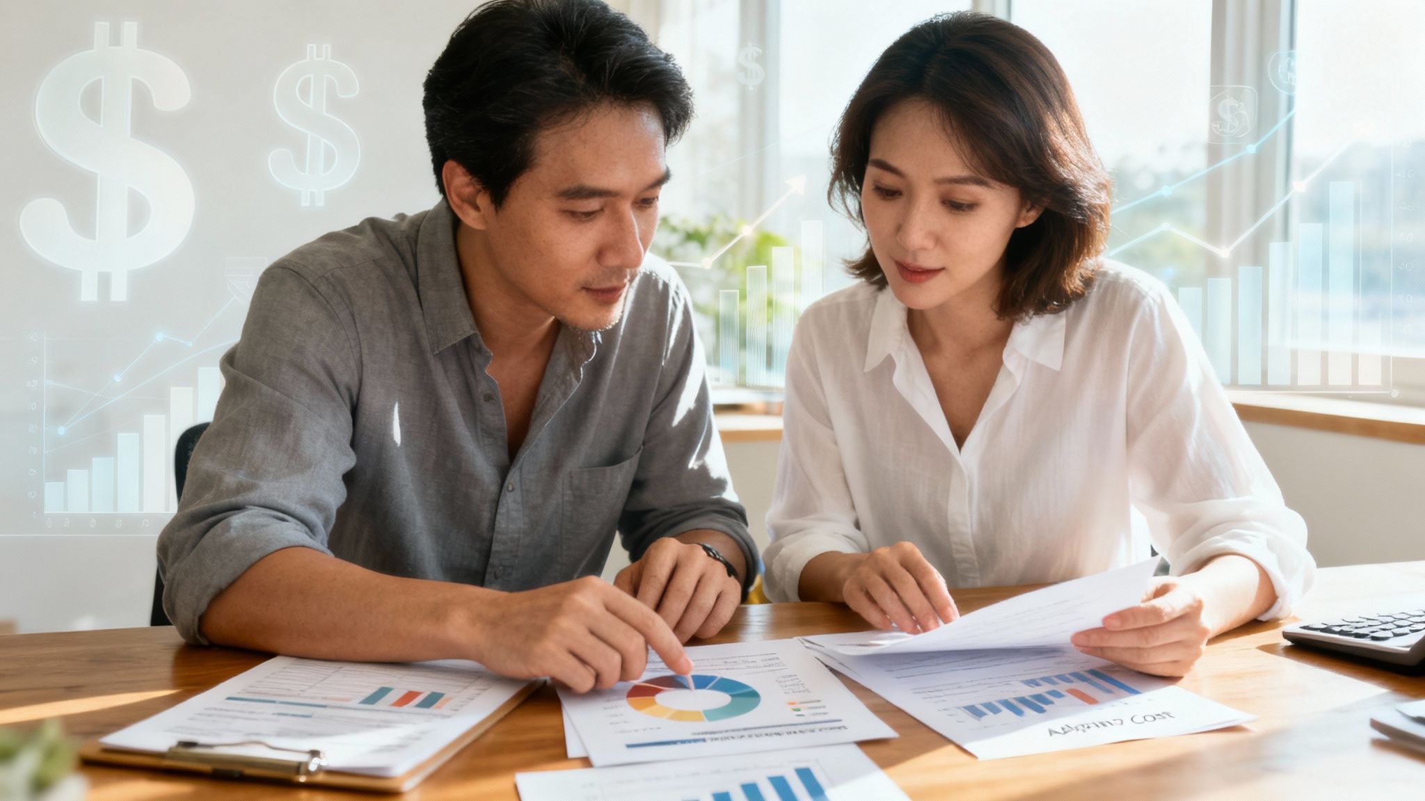 A hopeful couple sitting together at a kitchen table, reviewing documents and smiling, planning their financial future for adoption.