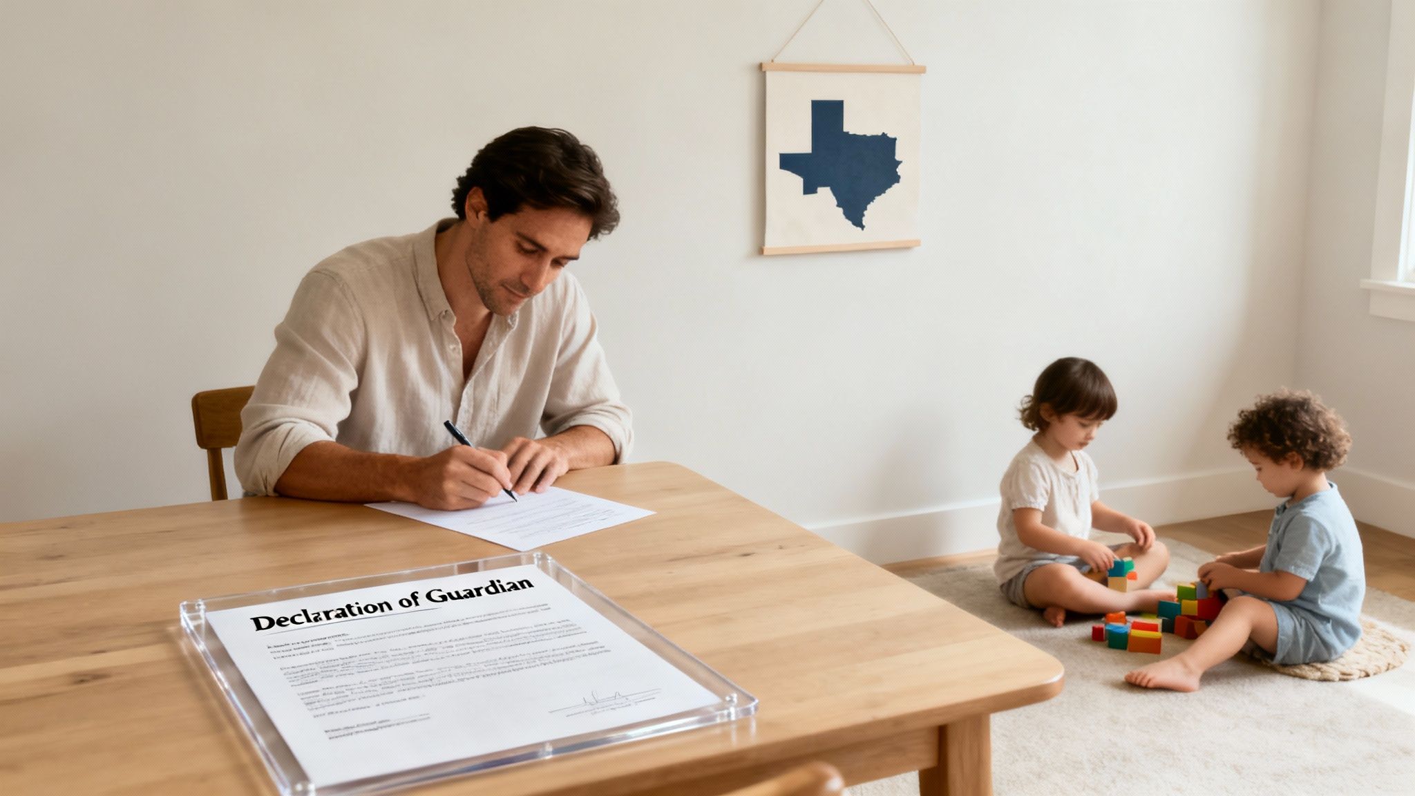 Man signing a Declaration of Guardian document at a wooden table, with two children playing with colorful blocks in a bright room, Texas state outline artwork on the wall.